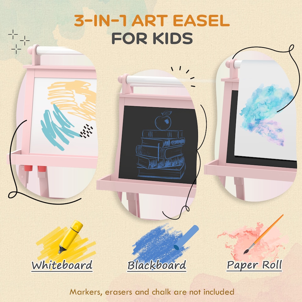 image 1 of AIYAPLAY Art Easel for Kids with Paper Roll, 3 in 1 Kids Easel Double-Sided Magnetic Whiteboard and Chalkboard with Storage Baskets, for Children 3-6 Years | Pink | Pink
