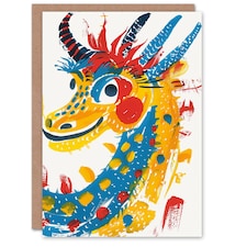 Chinese Dragon Yellow Blue Red Paint Sketch Birthday Card