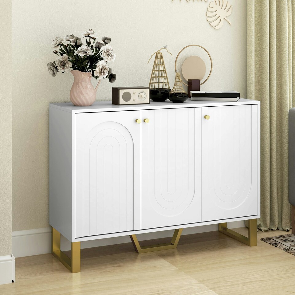 image 1 of HOMCOM Sideboard with Adjustable Shelves & 3 Doors for Living Room, White White | Gold