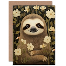 Cute Sloth in White Flower Meadow For Her Floral Birthday Card