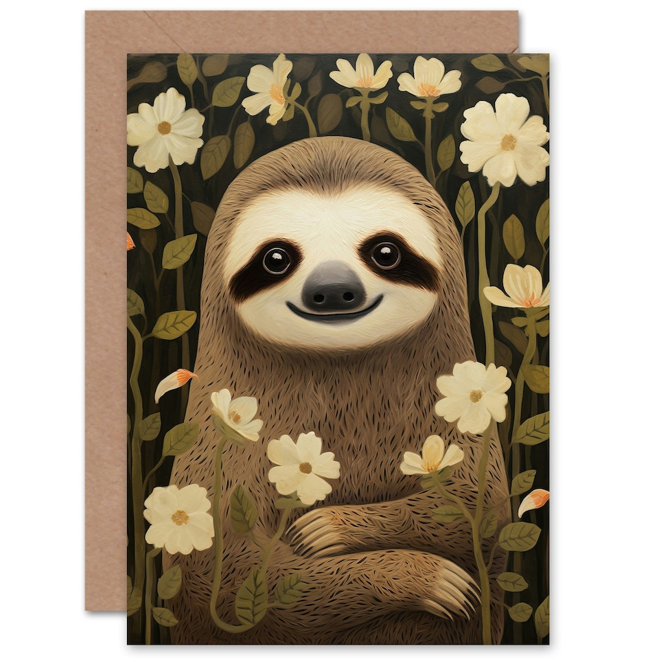 image 1 of Cute Sloth in White Flower Meadow For Her Floral Birthday Card