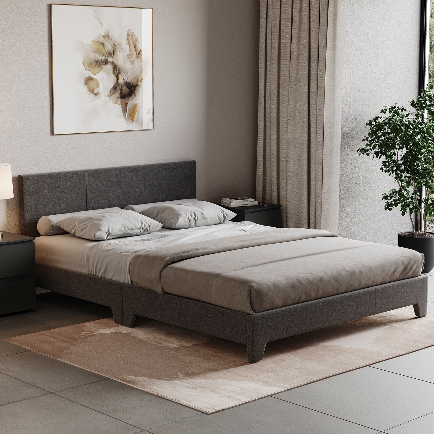 Vida Designs Victoria 4ft6 Double Bed Fabric Upholstered, Dark Grey Linen, 135 x 190cm
