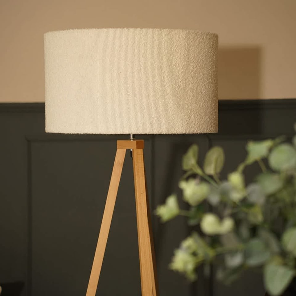 image 1 of ValueLights Barbro Wood Tripod Floor Lamp Cream Boucle Shade & Bulb