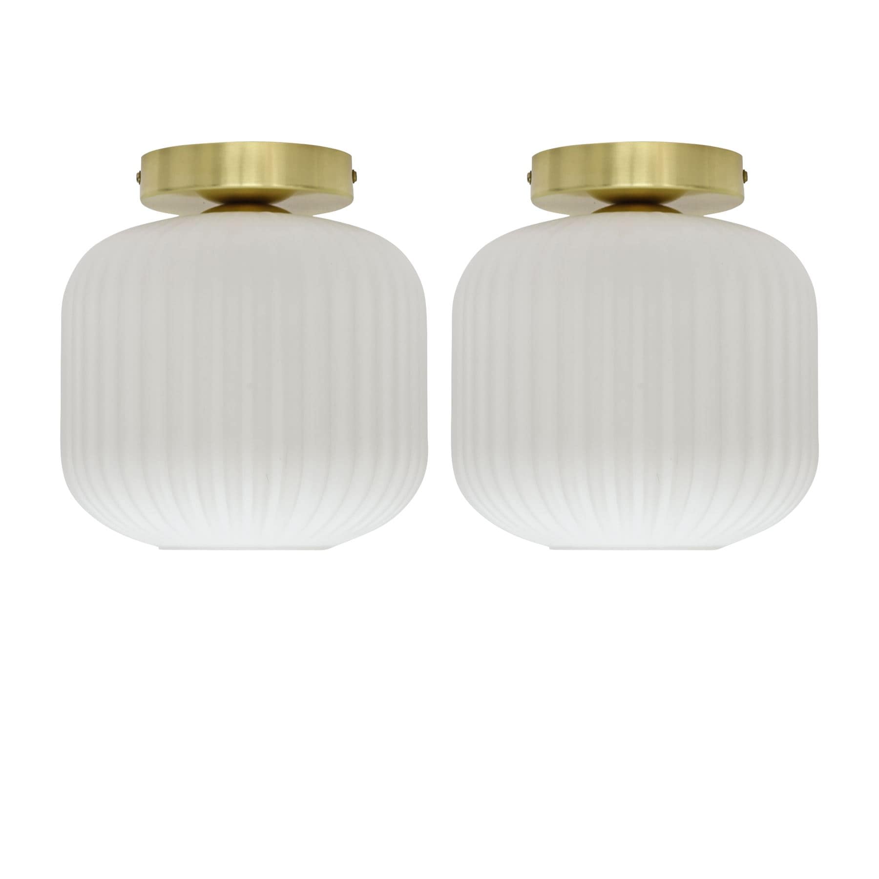 First Choice Lighting Set of 2 Bento - White Ribbed Glass Satin Brass Ceiling Light Fittings