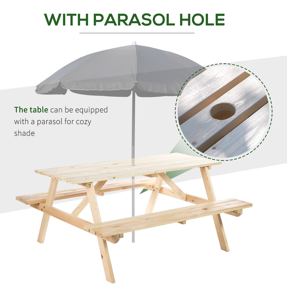 image 1 of Outsunny 6 Seater Wooden Picnic Table Bench for Outdoor Garden or Patio with Parasol Cutout 150 cm Natural Wood Finish