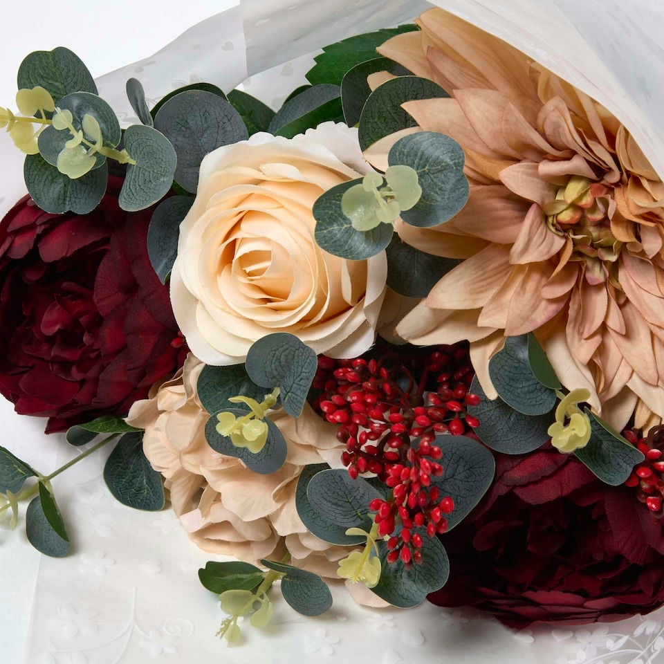image 1 of Homescapes Artificial Burgundy Roses and Dahlias Bouquet, 67 cm
