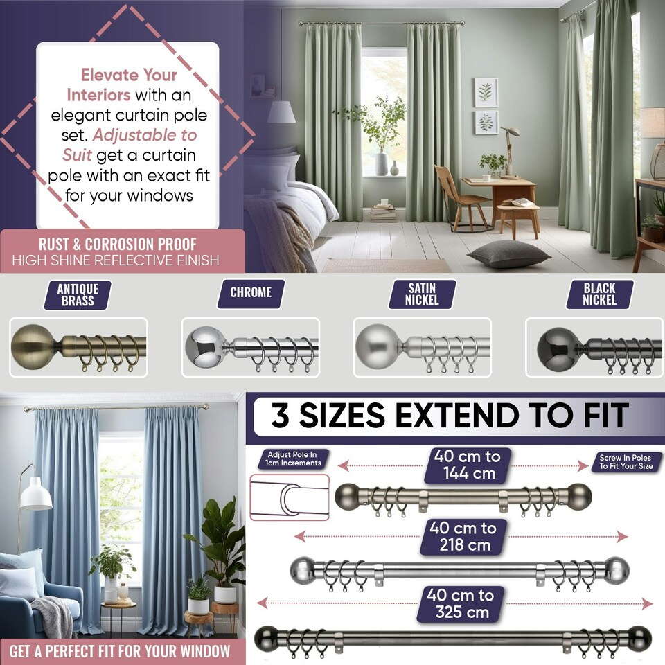 image 1 of Extendable Curtain Pole Flat Curtain Rail Pole Set Includes Rings, Finials, Brackets & Fittings - Black Nickel - 440cm to 218 cm (15" to 86")