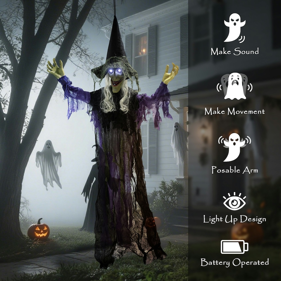 image 1 of Outsunny Voice Activated Halloween Animatronics Hanging Witch, Purple