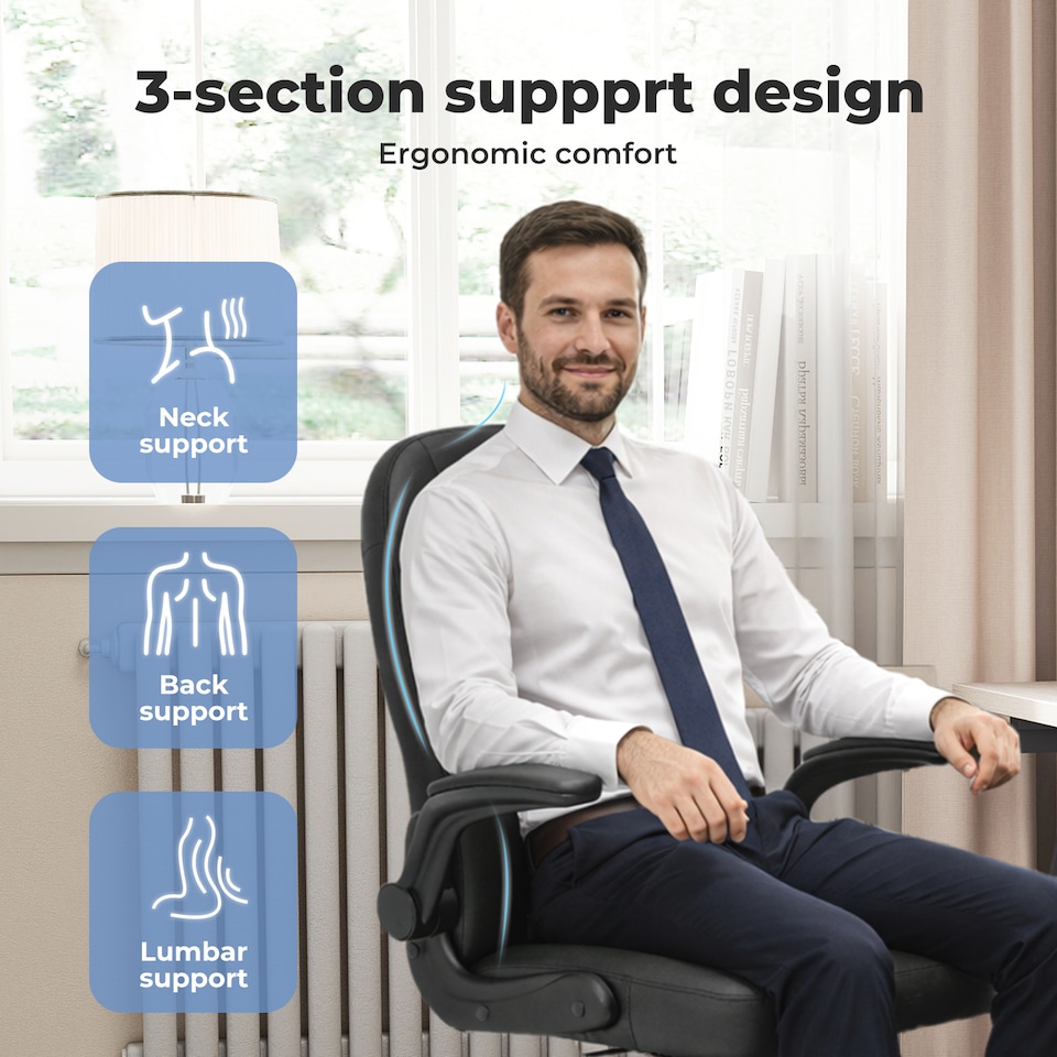 image 1 of Ergonomic Office Computer Chair PU Leather Swivel Recliner with Flip-Up Armrests