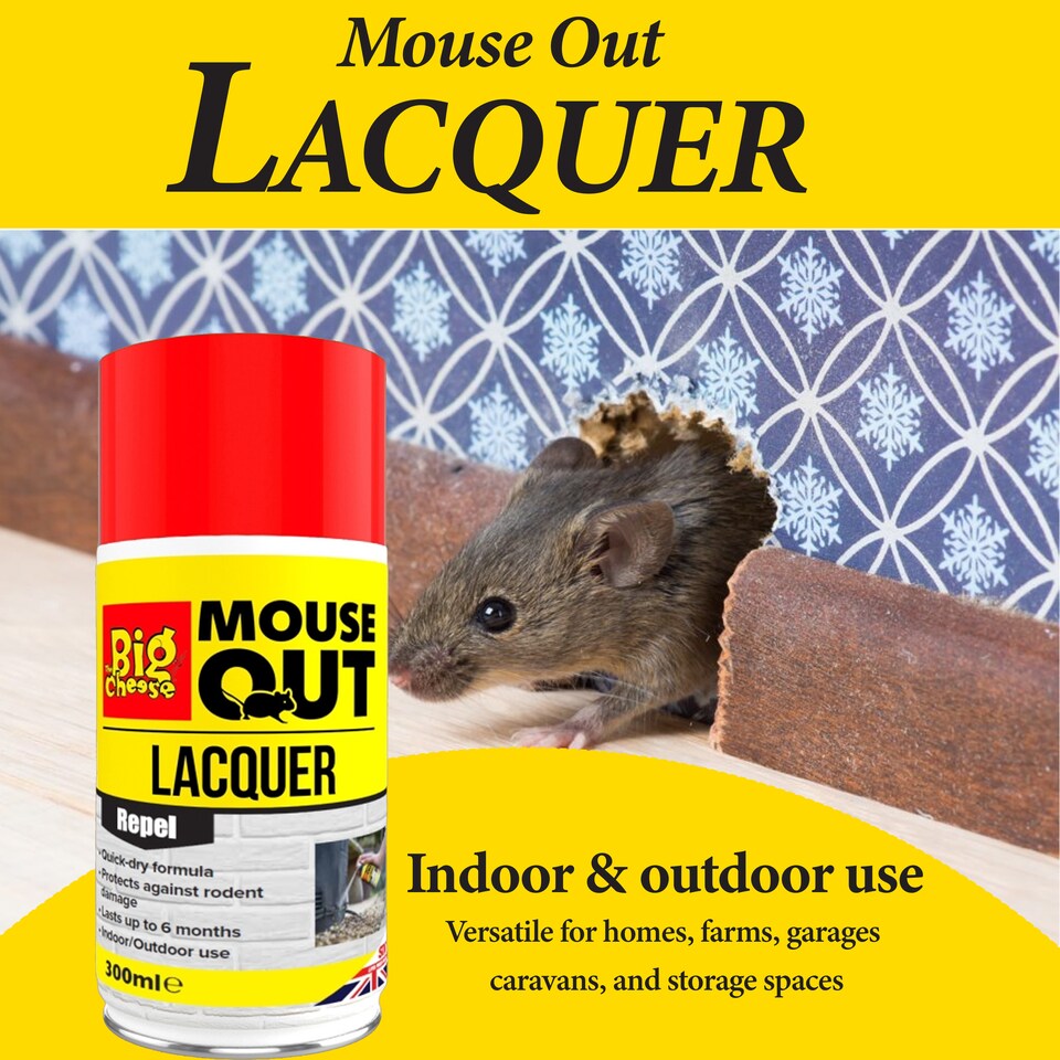 image 1 of The Big Cheese Mouse Out Lacquer 300ml Aerosol Quick Dry Rodent Repellent Protective Spray