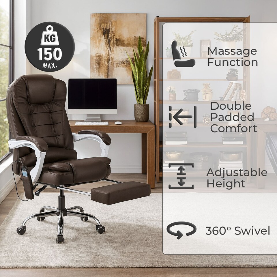 image 1 of Neo Office Chair Brown Faux Leather with Massage Function & Footrest | Brown