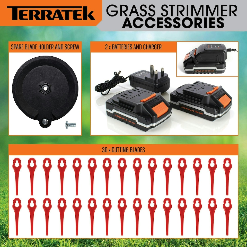 image 1 of Terratek 20V Cordless Strimmer,30 Blades, 2 Batteries & 1 Charger