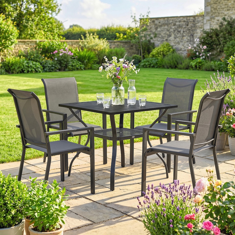 image 1 of Outsunny 5 Pieces Outdoor Dining Set for 4, Patio Furniture Set, Dark Grey | Grey | Dark Grey | Table: 90 x 90 x 72 cm, Chair: 58 x 65 x 93 cm