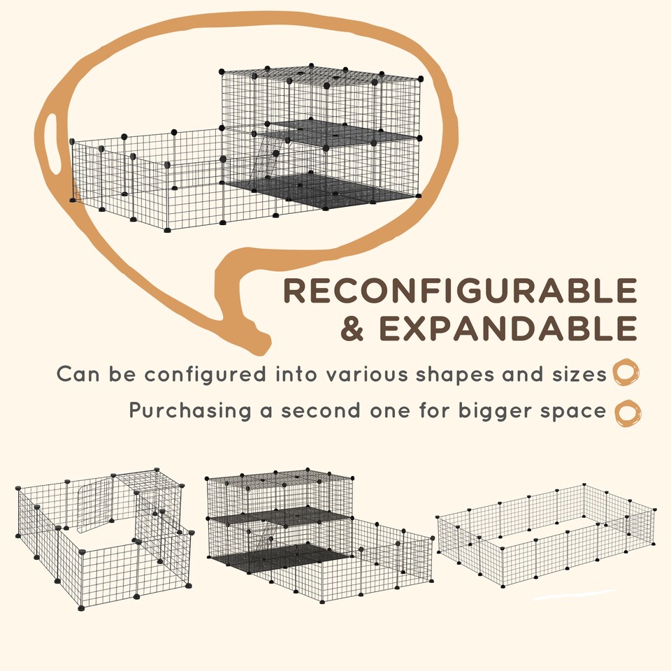 image 1 of PawHut Pet Playpen with Door, Guinea Pigs Metal Mesh Cage, Customizable Fence for Small Animal, Chinchilla, for Indoor and Outdoor Use, with Mallet, Black