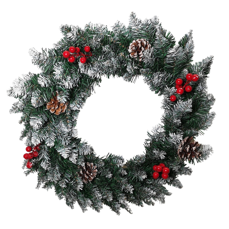 image 1 of 45cm Snow Tipped Green Wreath Christmas Decoration with 125 Tips, Pine Cones and Berries