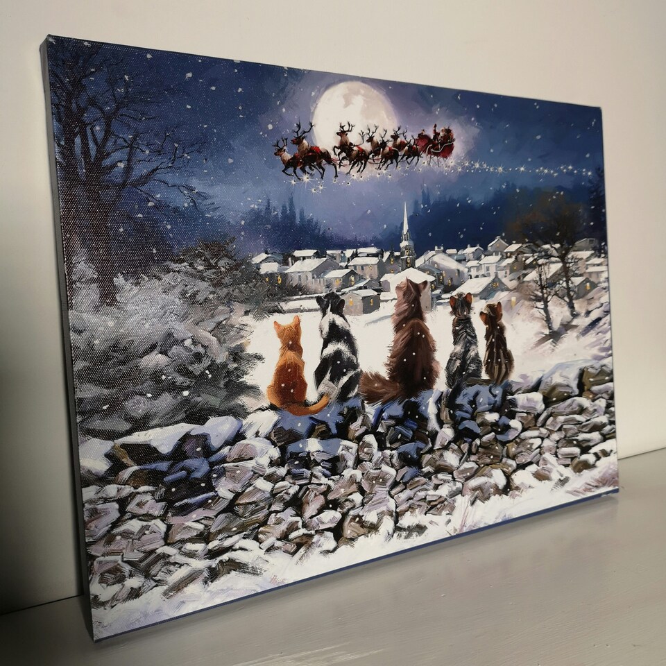 image 1 of 40 x 30cm Snowtime Touch Operated Cats Christmas Fibre Optic Wall Canvas