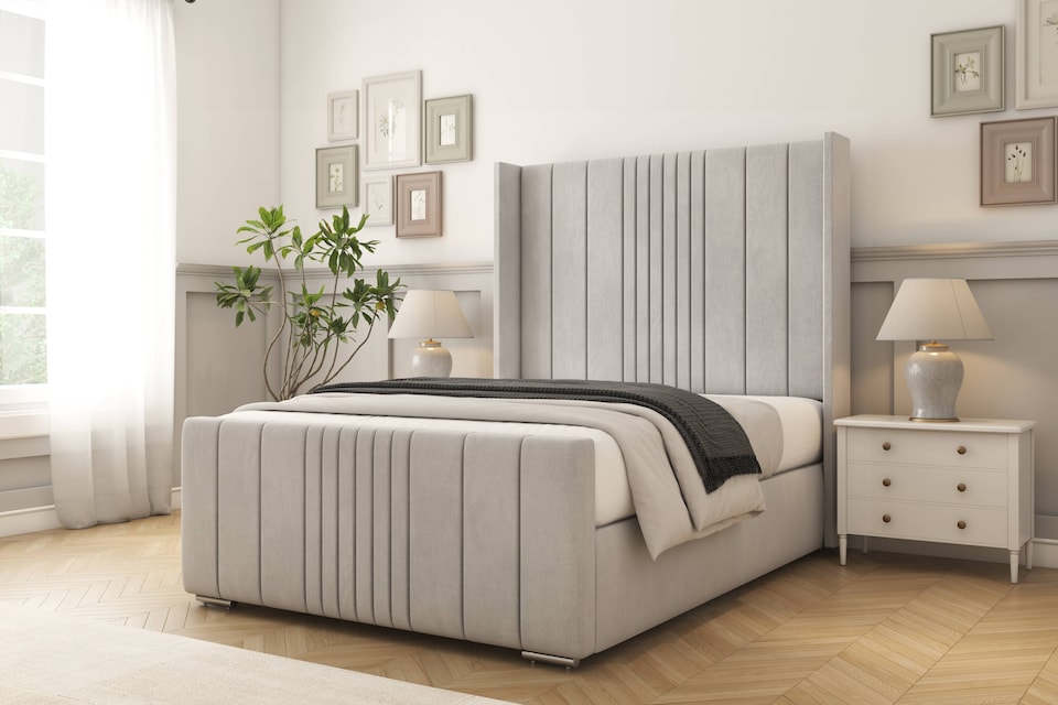 image 1 of Sloomy Hargrave Silver Naples Bed Frame With Mattress With 50"  Upholstered Wingback Headboard 6' Super King