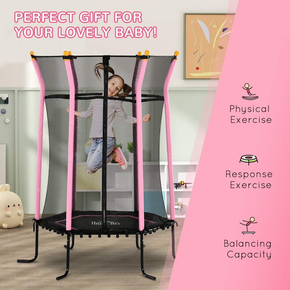 image 1 of HOMCOM 5.4FT Kids Trampoline With Enclosure Indoor Outdoor | Pink | Pink