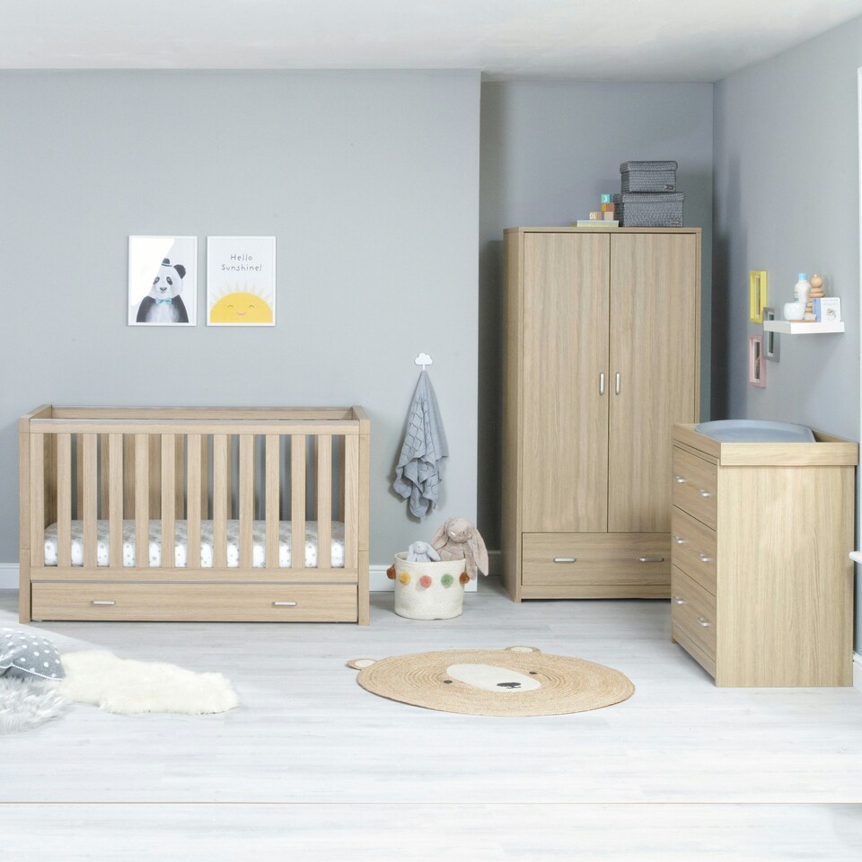 image 1 of Babymore Luno 3 Piece Room Set with Drawer - Oak