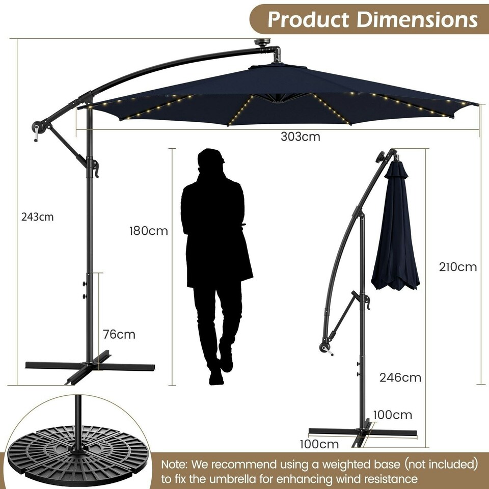 image 1 of COSTWAY 303 cm Patio Parasol Solar LED Cantilever Offset Umbrella Blue