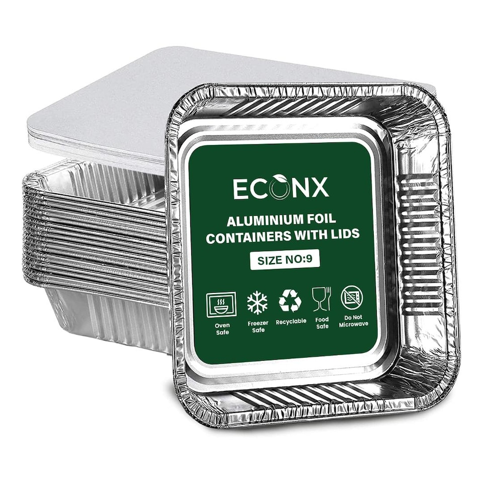 image 1 of ECONX No9 Large Aluminium Foil Containers With Lid 9x9" Takeaway Catering Meal Prep Foil Baking Tray Pack Of 200