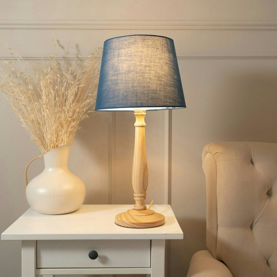 image 1 of ValueLights Victoria Light Wood Traditional Table Lamp with Navy Blue Fabric Tapered Shade and LED Bulb