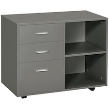 HOMCOM Freestanding Printer Stand Unit Office Desk Side Mobile Storage w  Wheels 3 Drawers, 2 Open Shelves Modern Style 80L x 40W x 65H cm - Grey
