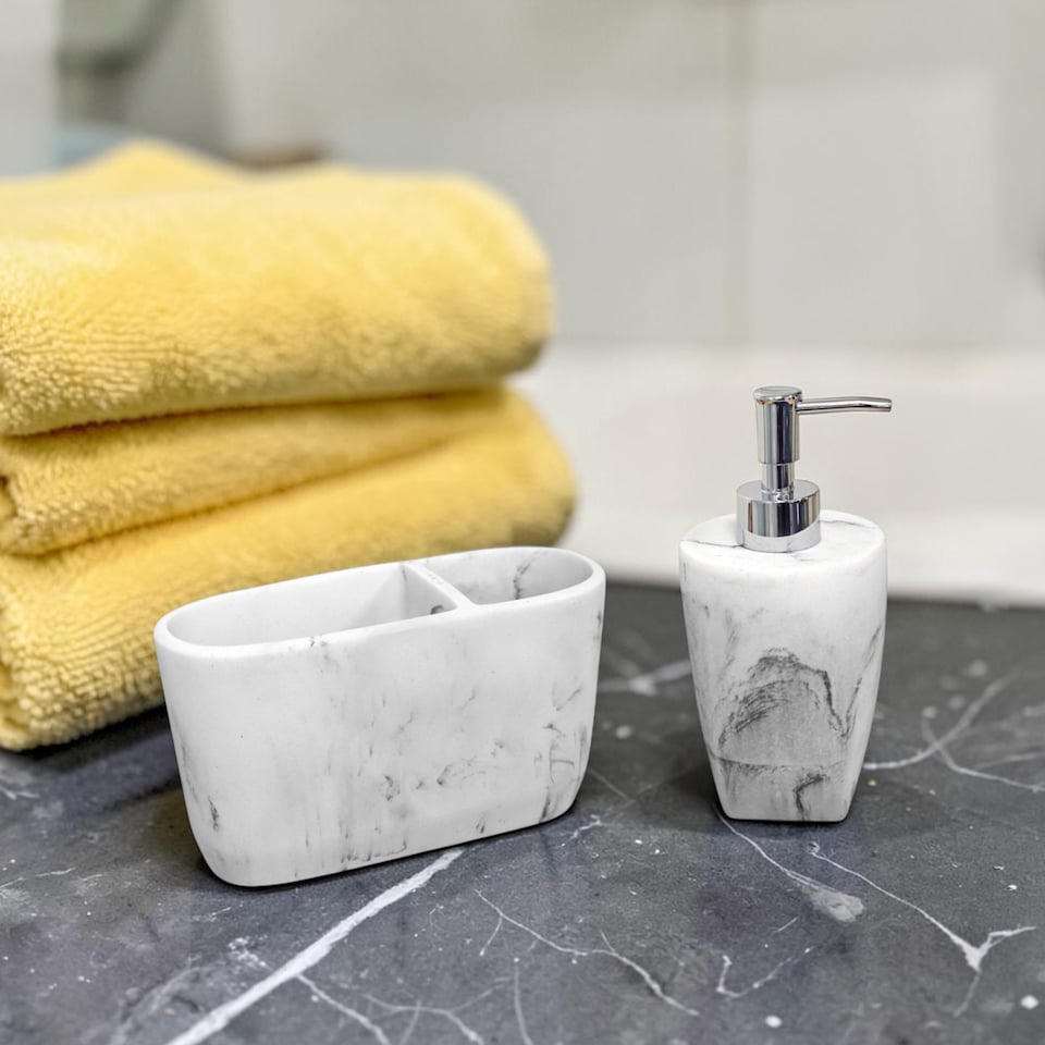 image 1 of Showerdrape Octavia White Bathroom Accessory Set - Soap Dispenser & Toothbrush Holder | White | White | 1