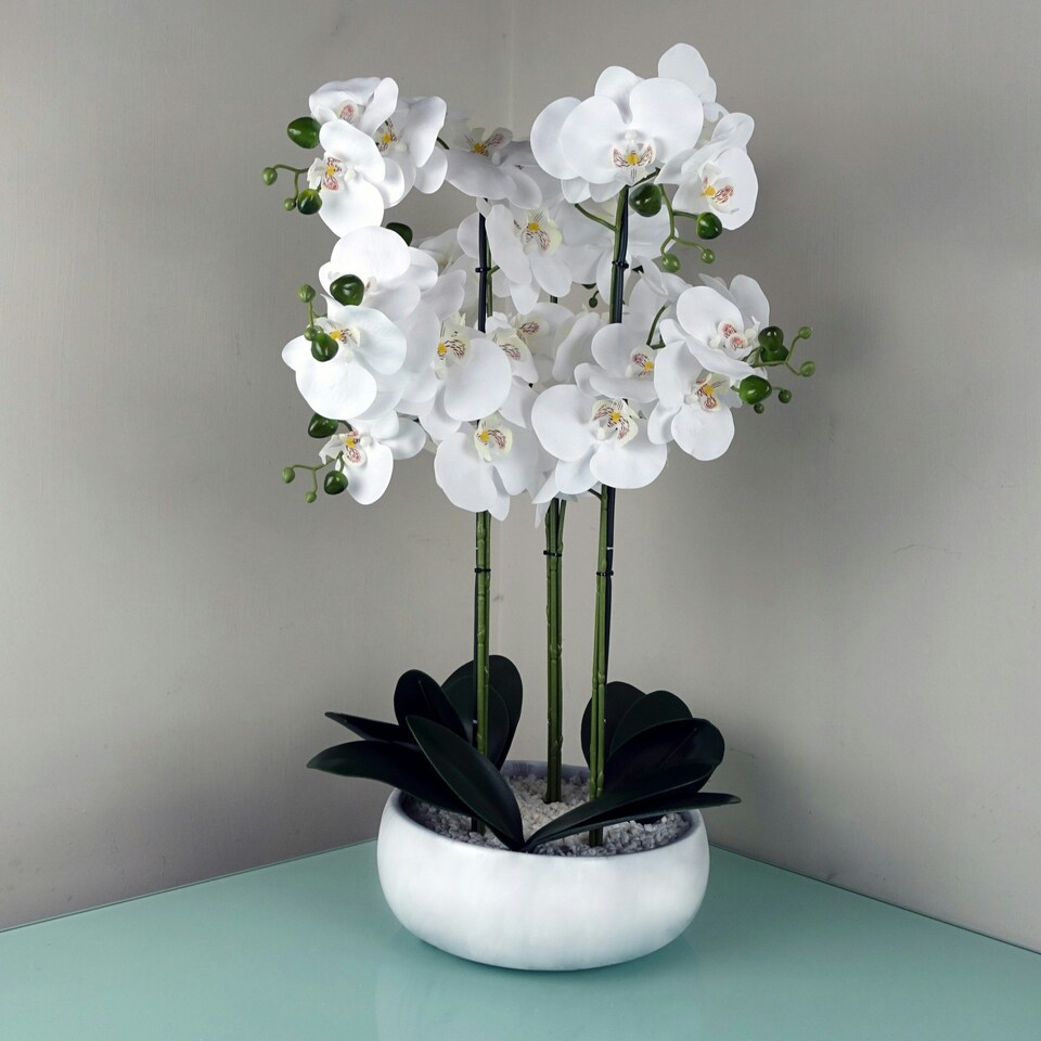 image 1 of 60cm Orchid Artificial White - Marble Effect  Ceramic Planter