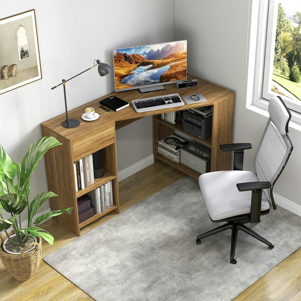 image 1 of COSTWAY L-Shaped Computer Desk Corner Table w/Storage Natural Brown