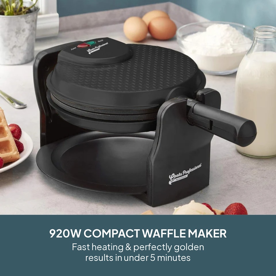 image 1 of Cooks Professional Rotary Belgian Waffle Maker Machine with Non-Stick Plates & Drip Tray | Black