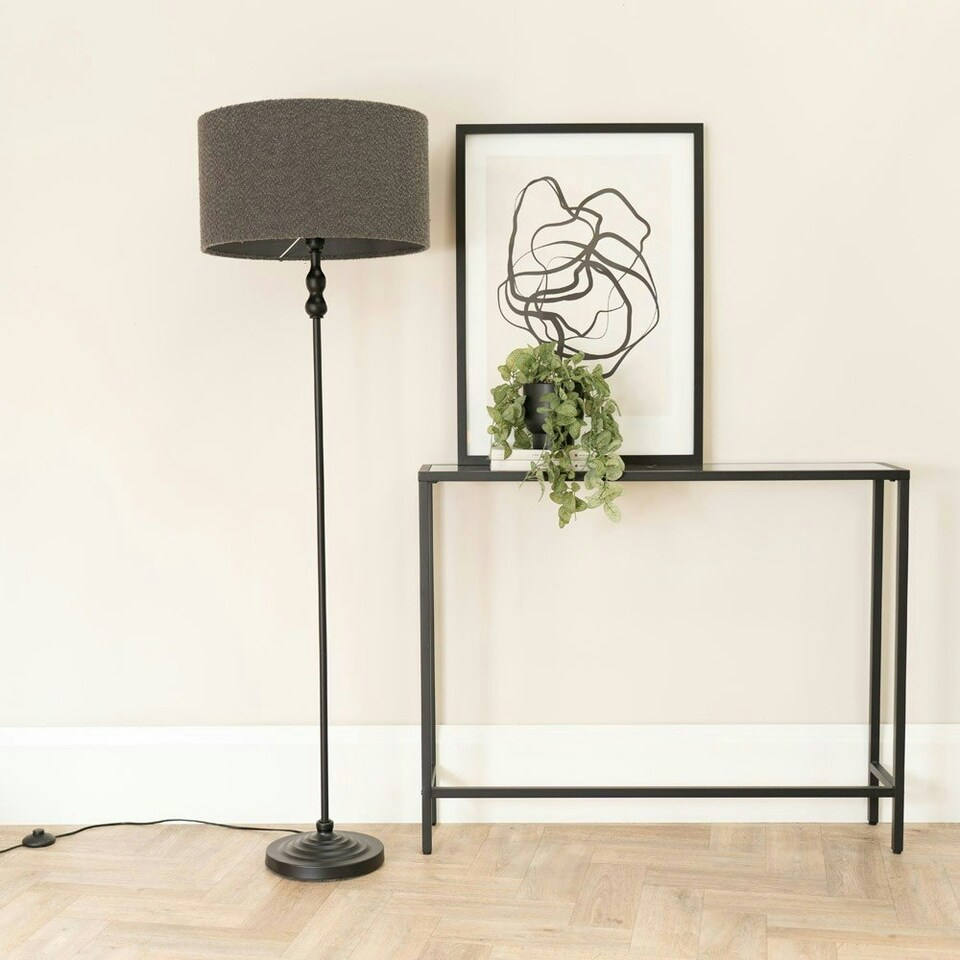 image 1 of ValueLights Maggie Black Metal Candlestick Floor Lamp with Charcoal Boucle Lamp Shade