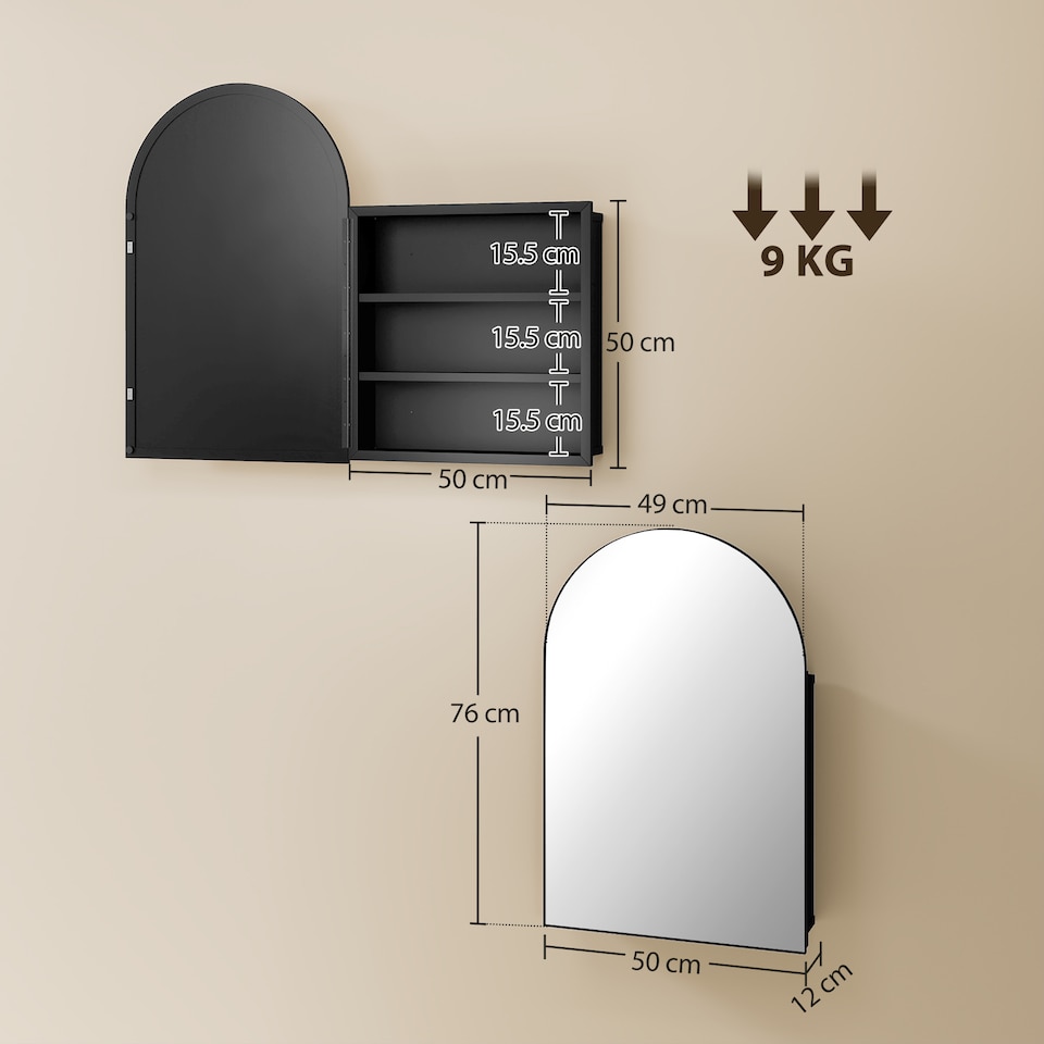 image 1 of HOMCOM Bathroom Mirror Cabinet with Mirror Arched Wall Cabinet Black | Black | Black | 50 x 12 x 76 cm