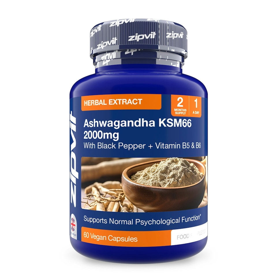 image 1 of Zipvit Ashwagandha KSM-66 Complex 2000mg with Vitamin B6, B5 & Black Pepper, Energy & Mental Performance, 60 Vegan Capsules, 2-Month Supply