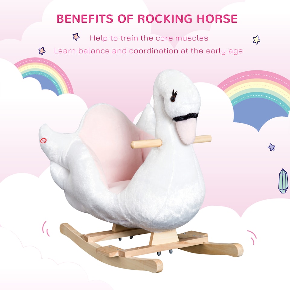 image 1 of HOMCOM Kids Rocking Horse Plush Ride On Swan Toy with Safety Seat for Toddler 18 Months Plus, White and Pink