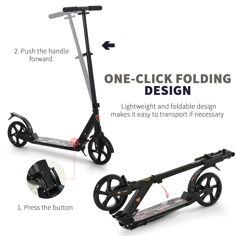 image 1 of HOMCOM Folding Kick Scooter, Adjustable Ride On Scooter with 200mm Big Wheels and Double Shock Absorption, Urban Scooter for 14 older Teens Adult, Black