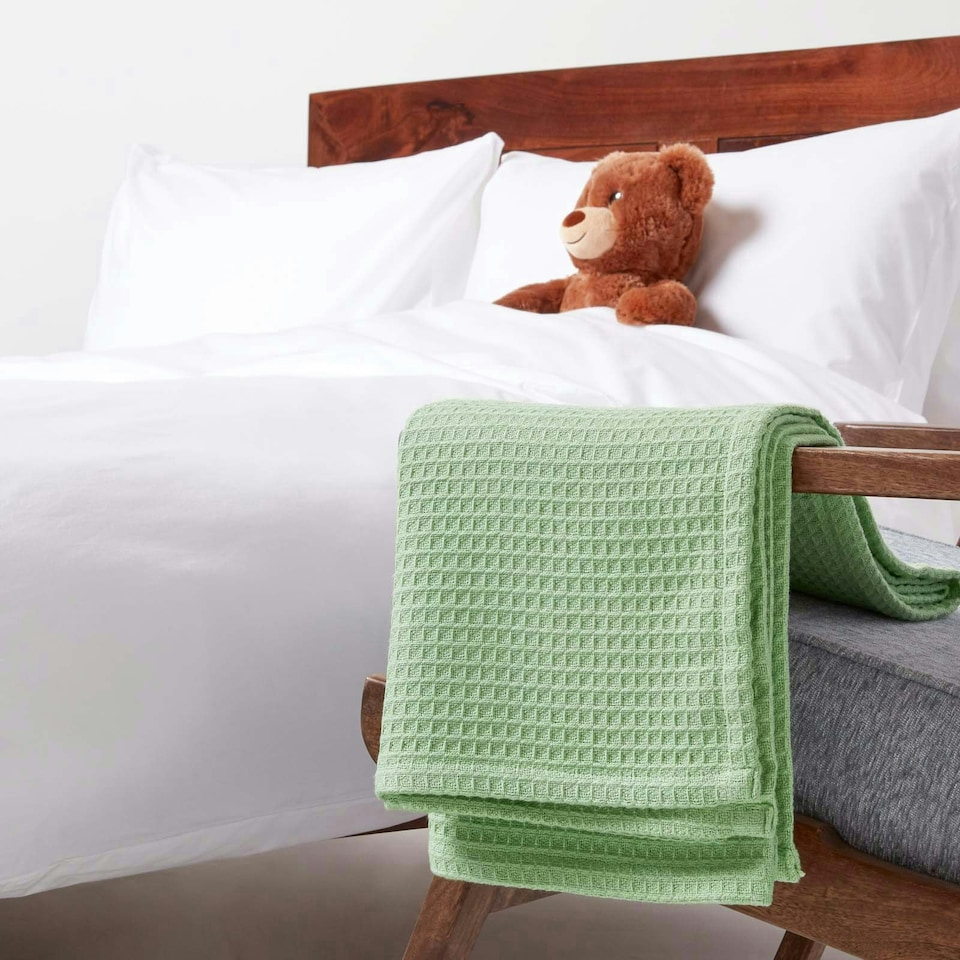 image 1 of Homescapes Organic Cotton Waffle Baby Blanket Sage Green - 90 x 112 cm | Green