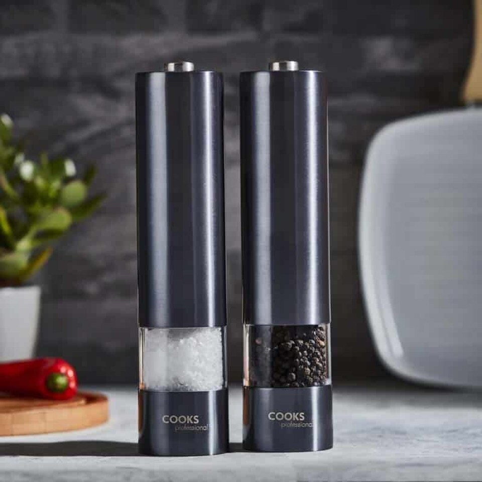 image 1 of Cooks Professional Electric Salt & Pepper Mill Set | Adjustable Grind Settings | Simple One-Button Operation | Graphite