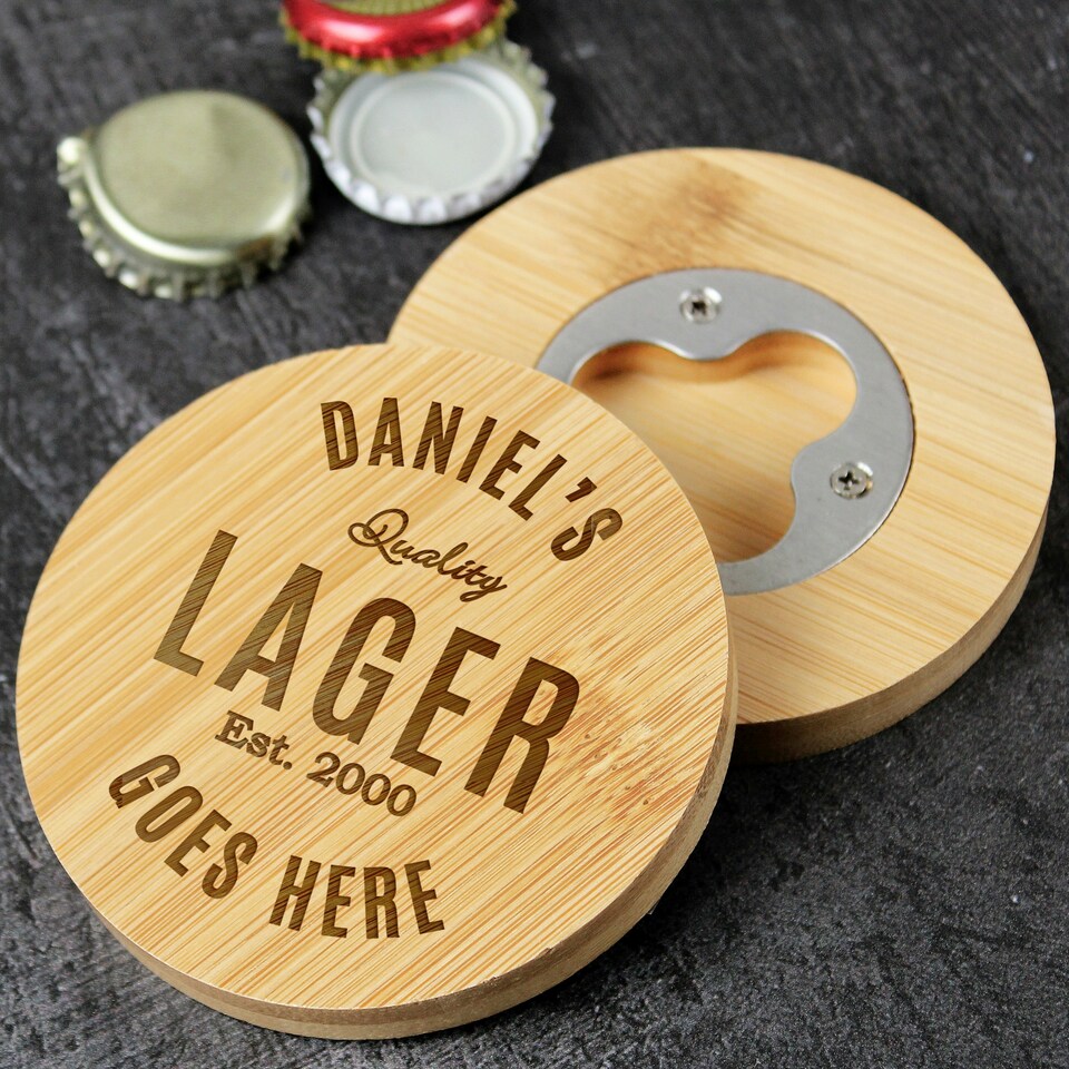 image 1 of Personalised Free Text Bamboo Bottle Opener Coaster