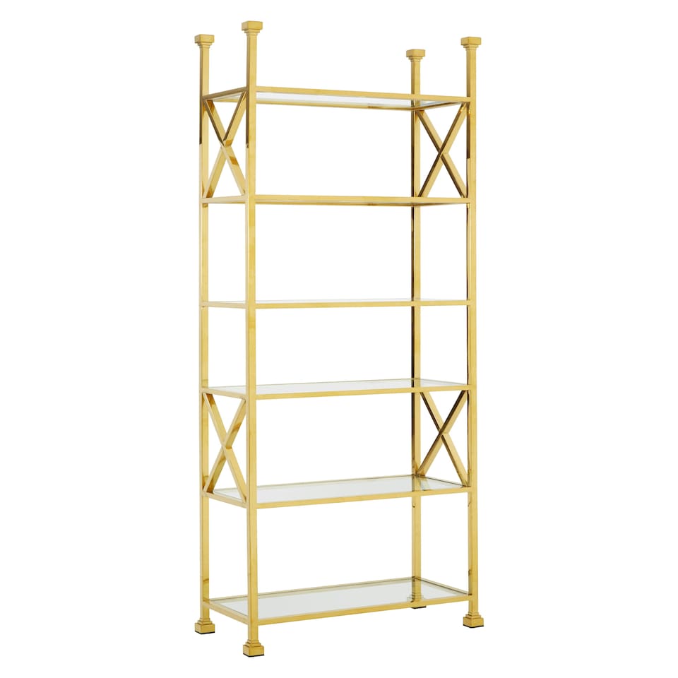 image 1 of Interiors by Premier Contemporary Gold Finish Cross Design Bookshelf, Sturdy Book Storage Shelf, Ample Storage Slimline Bookshelf Gold