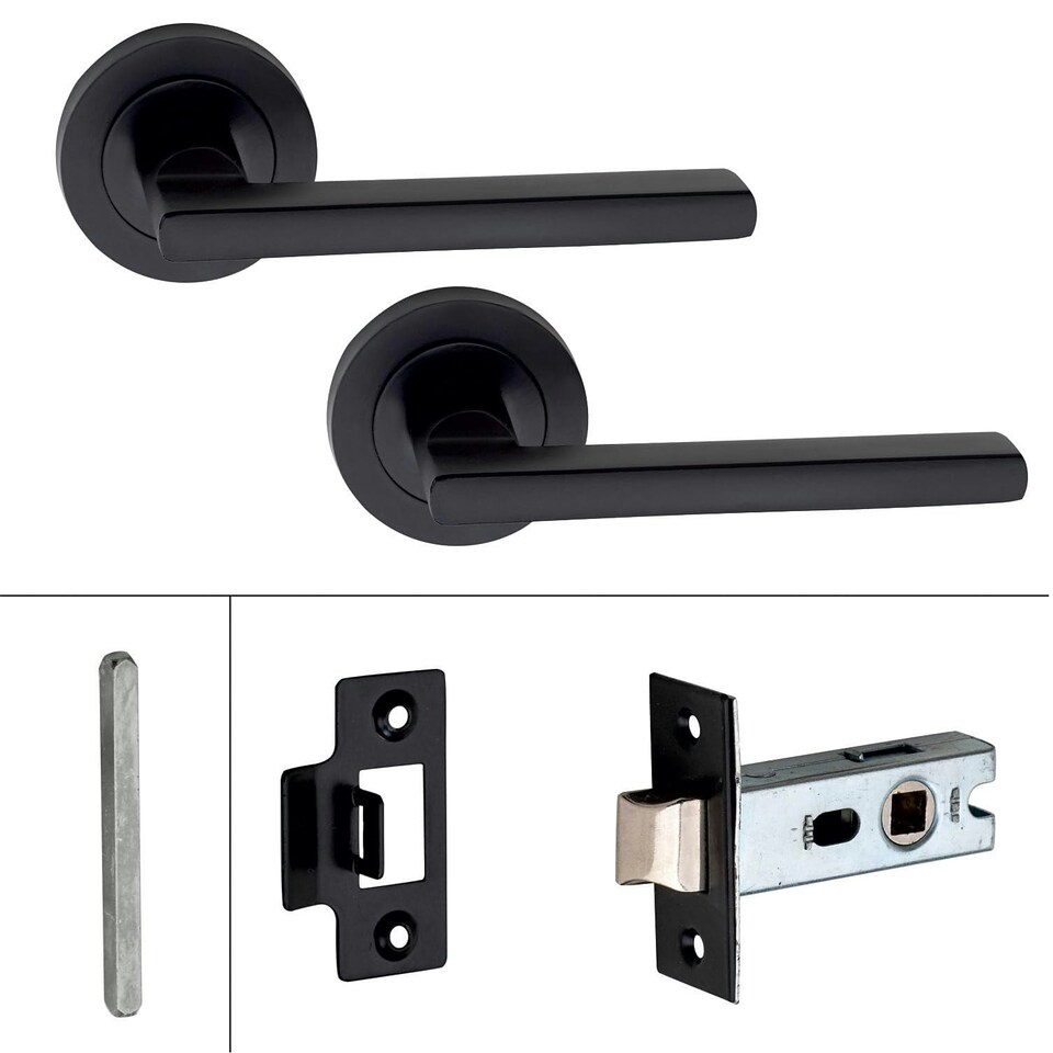 image 1 of Golden Grace 6 Pairs Leon Design Door Handles on Round Rose in Matt Black Finish with 2.5" Tubular Latch - 52mm Diameter Black