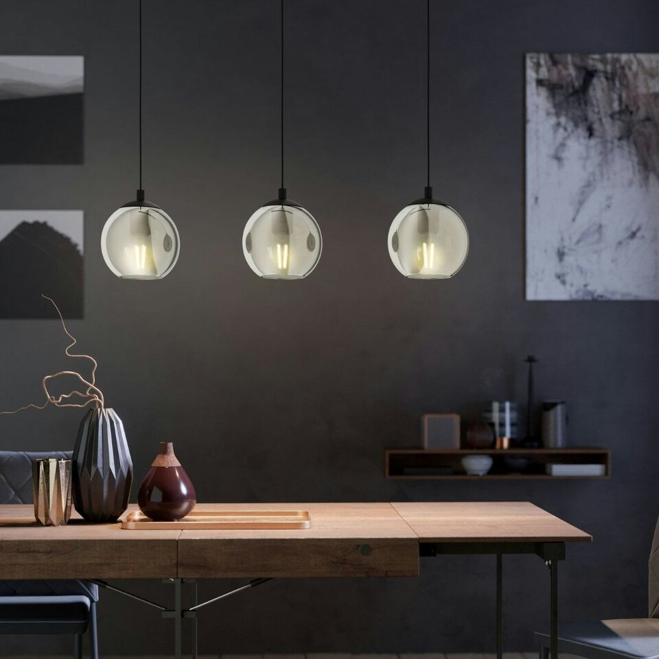 image 1 of Aleksander 3 Light Black & Smoked Glass Pendant Ceiling Light