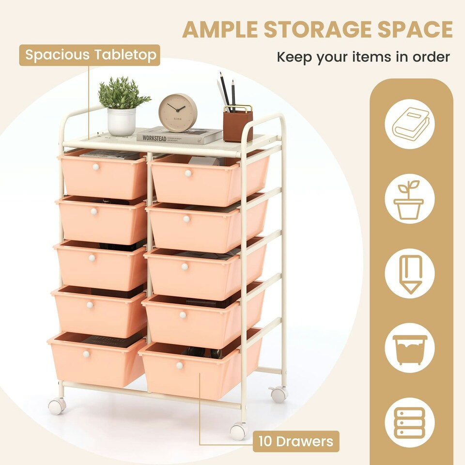 image 1 of COSTWAY 10 Drawers Storage Rolling Cart w/Universal Wheel Peach