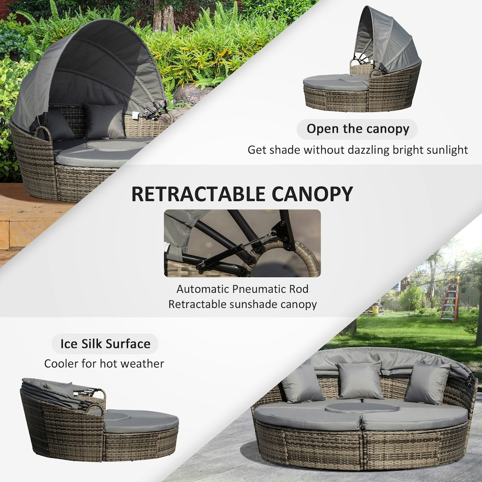 image 1 of Outsunny 5 PCs Cushioned Outdoor Plastic Rattan Round Sofa Bed Table Set Grey