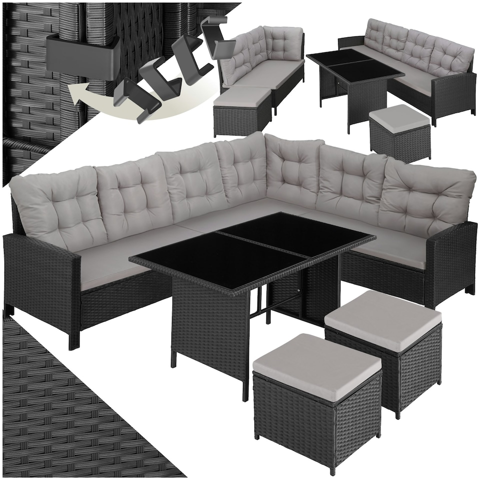 image 1 of 8 Seater Garden Furniture Set Barletta with Cushions, Footstools and Table | Black | black | 116,50 x 63 x 75 cm | 1