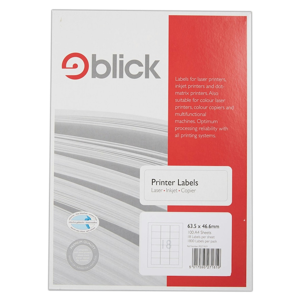 image 1 of Blick 18 Per Sheet 100 Sheets, 63.5mm x 46.6mm, Rectangular, White, 1800 Labels