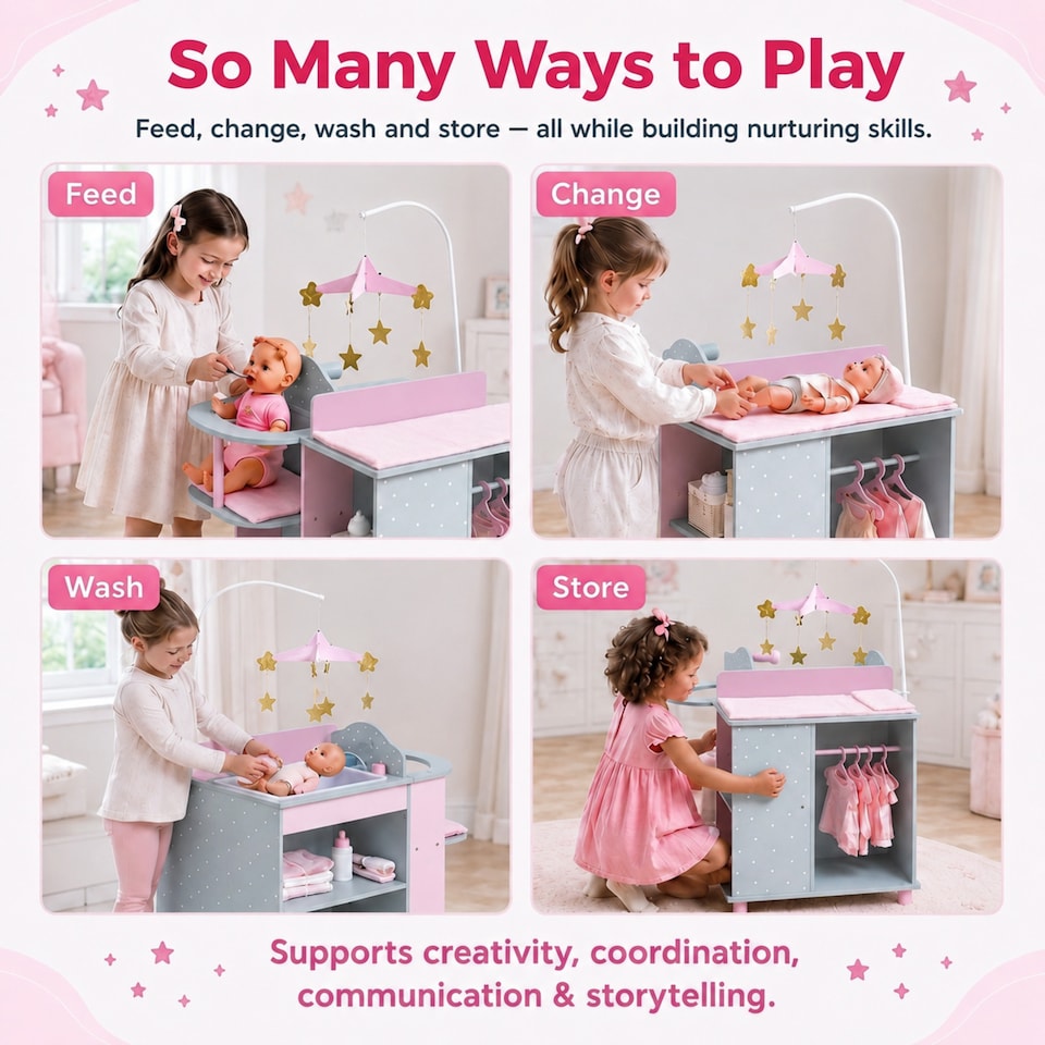 image 1 of Teamson Kids Wooden Baby Doll Changing Station with Storage, Grey/Pink