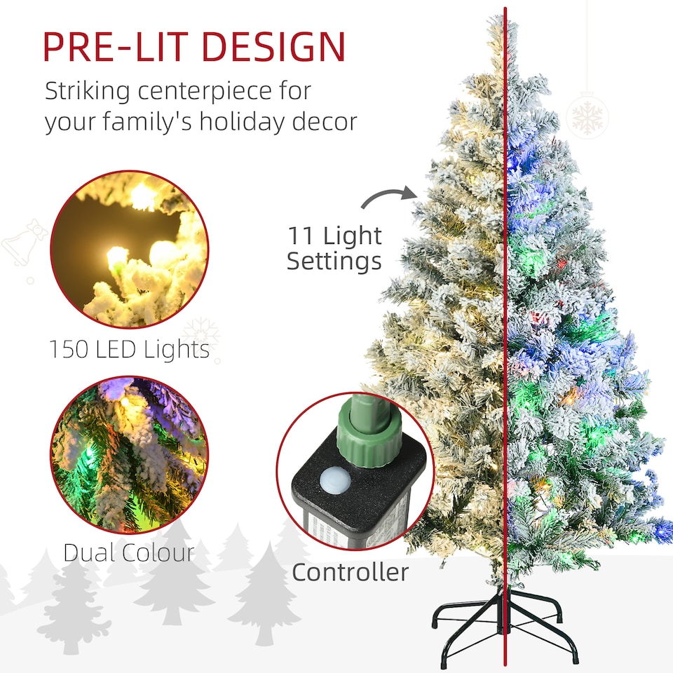 image 1 of HOMCOM 4.5ft Prelit Snow Flocked Artificial Christmas Tree Xmas Tree with 150 Colourful or Warm White LED Lights  Green
