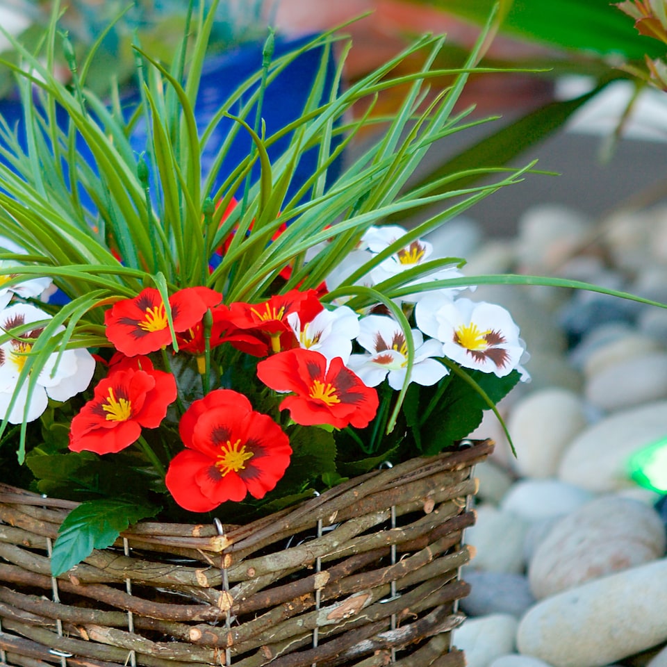 image 1 of Best Artificial Pre-Made 44cm Red & White Pansy Flowers in Rattan Wicker Planter Pot - Suitable For Outside Use | Red | Red and White | 1