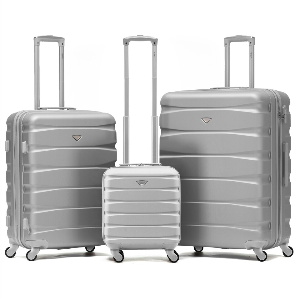 image 1 of Flight Knight Suitcase Sets 3 Piece, Large Suitcase, Extra Large Suitcase, easyJet Cabin Bag 45x36x20cm Underseat Carry On, 100+ Airlines Approved - BA, Ryanair | Silver | Silver | Large